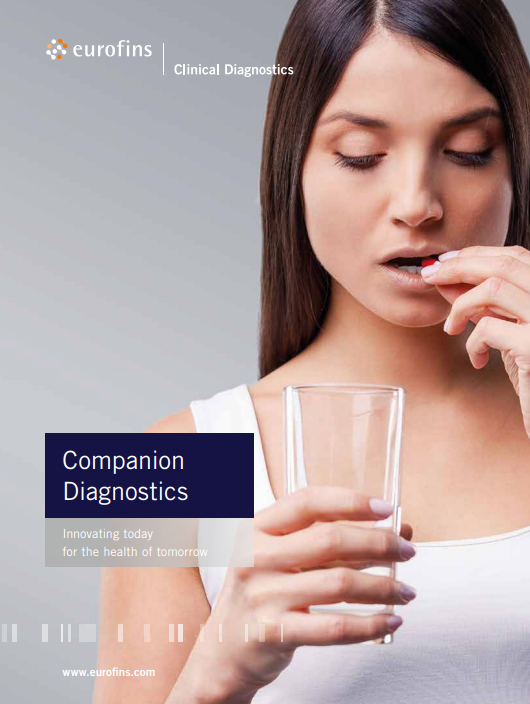 Companion Diagnostics testing by Eurofins Clinical Diagnostics Brochure Cover image of a woman putting a tablet in her mouth.