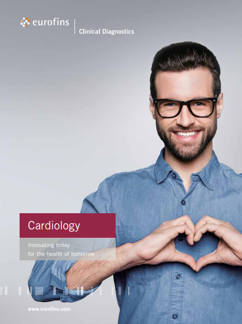 Cardiology testing by Eurofins Clinical Diagnostics Brochure Cover image of a man holding hands over his chest 