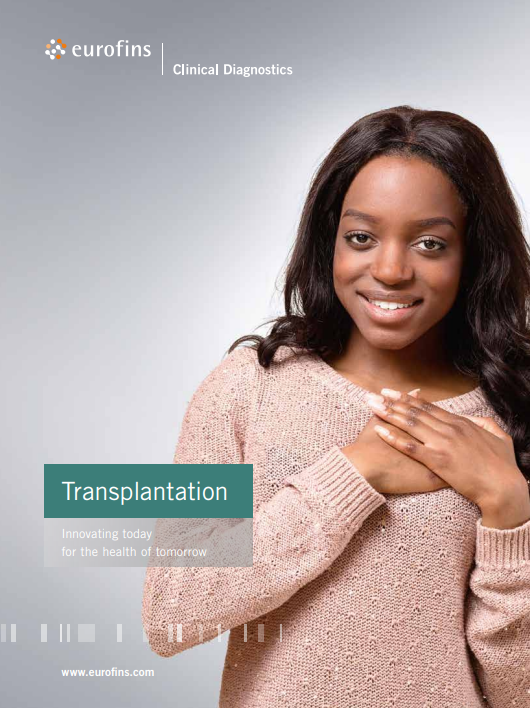 Transplantation testing by Eurofins Clinical Diagnostics Brochure Cover image of a woman holding both hands over her heart