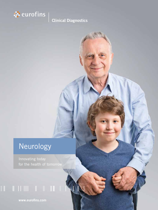 Neurology testing by Eurofins Clinical Diagnostics Brochure Cover image of an elderly man with his hands on a child's shoulders.