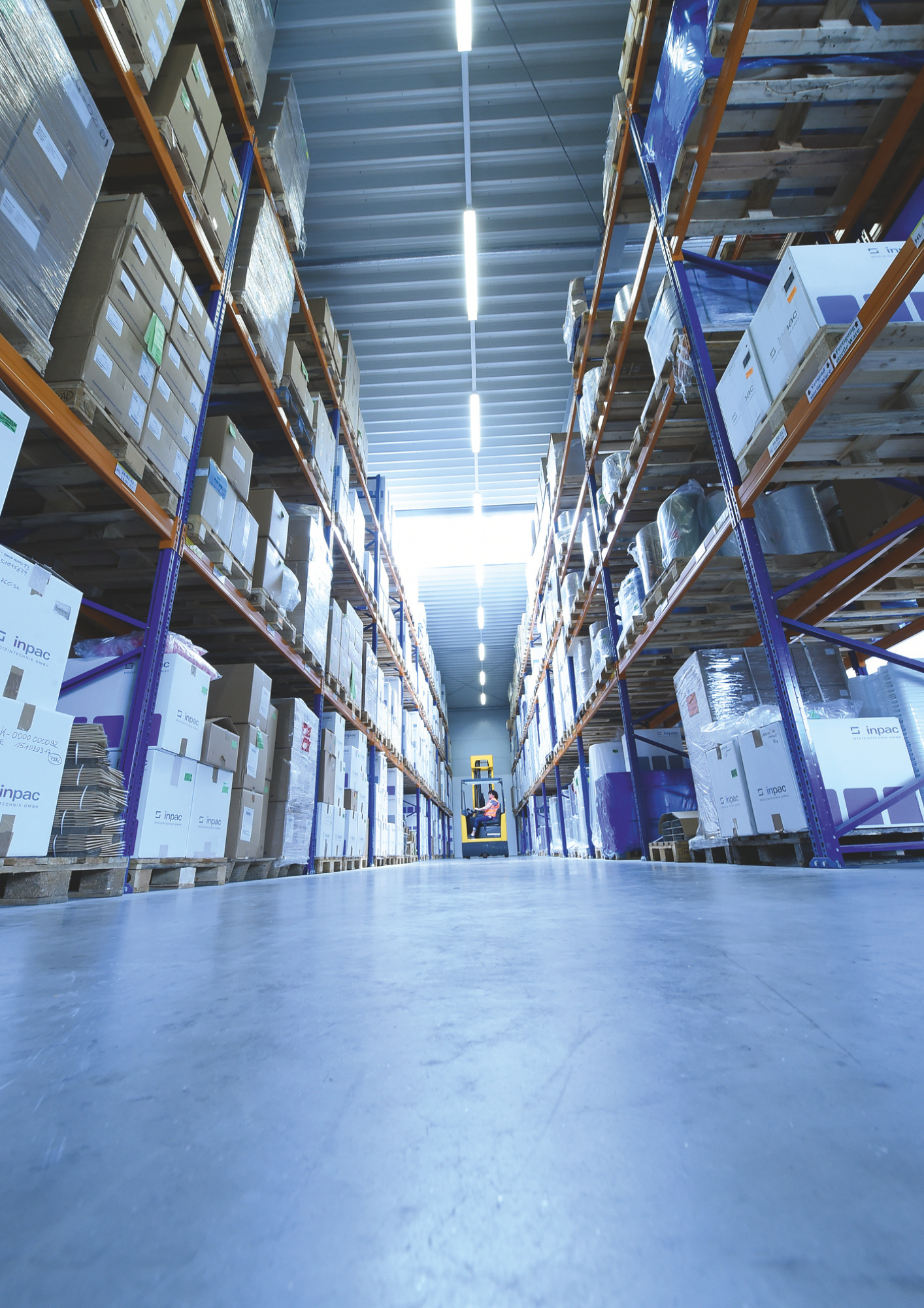 Storage area containing components such as foil, folding boxes, and labels for medical packaging.