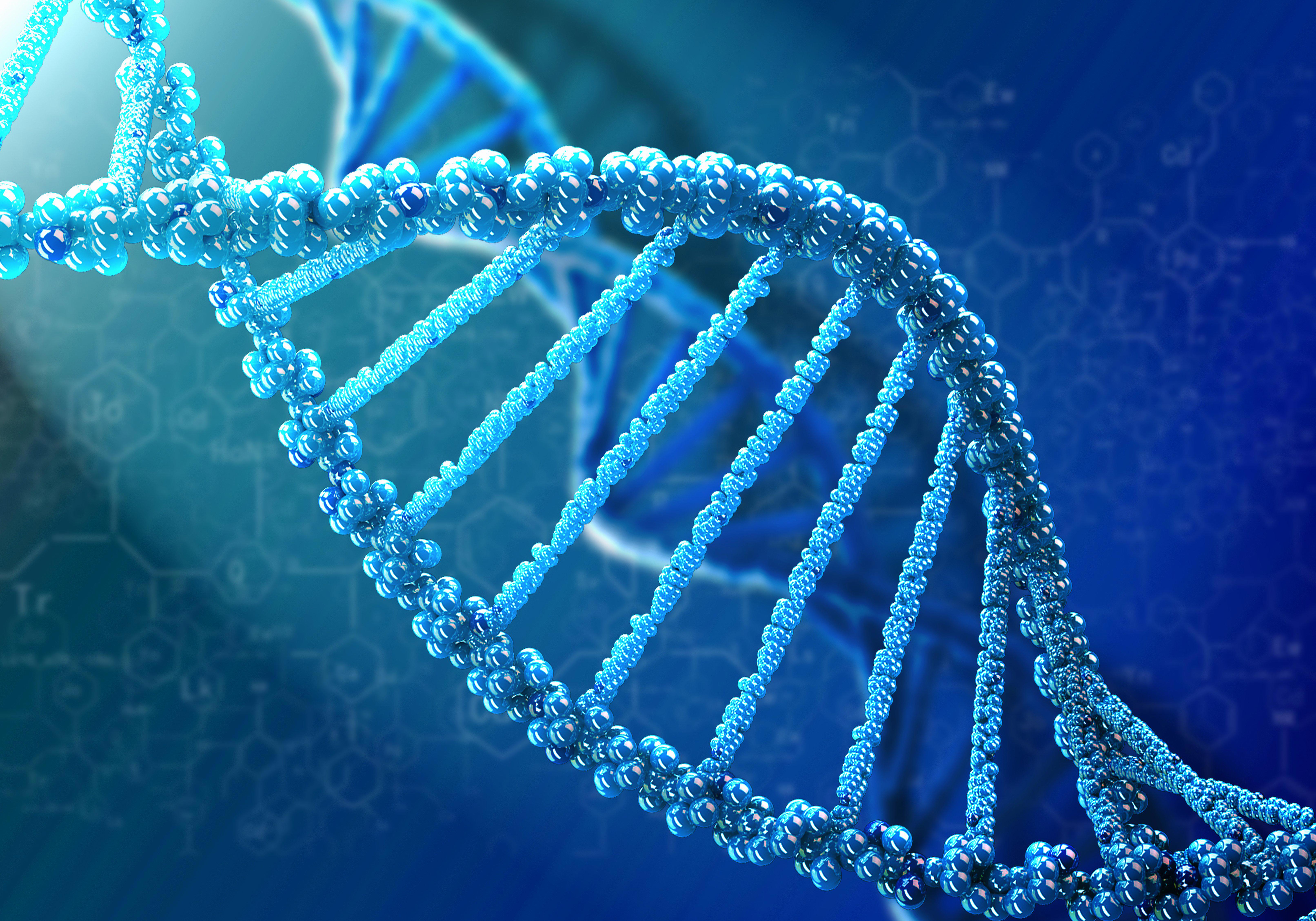 The image shows a close-up view of a DNA double helix structure, depicted in blue with the characteristic twisted ladder shape formed by pairs of nitrogenous bases. The background features a gradient of blue shades with faint chemical structures and molecular diagrams, adding to the scientific context.