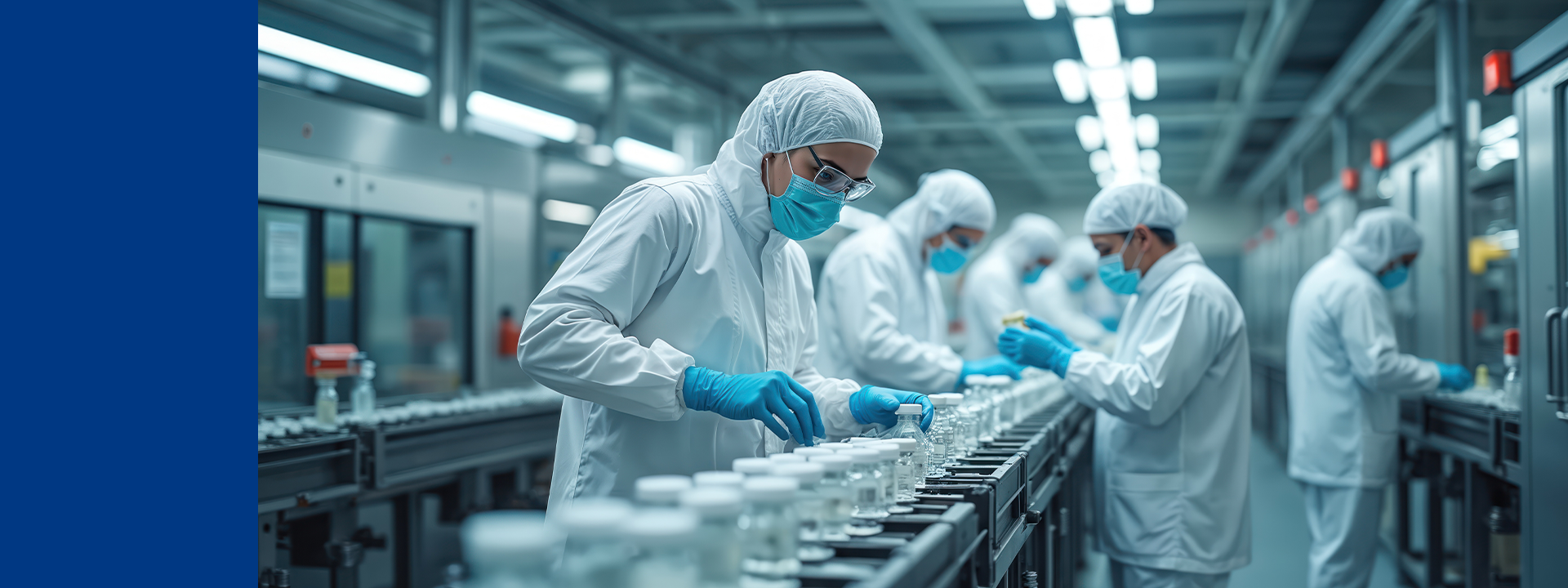 A group of workers in protective clothing, including white suits, gloves, masks, and hairnets, are working on an assembly line in a sterile manufacturing environment. They are handling small bottles on a conveyor belt.