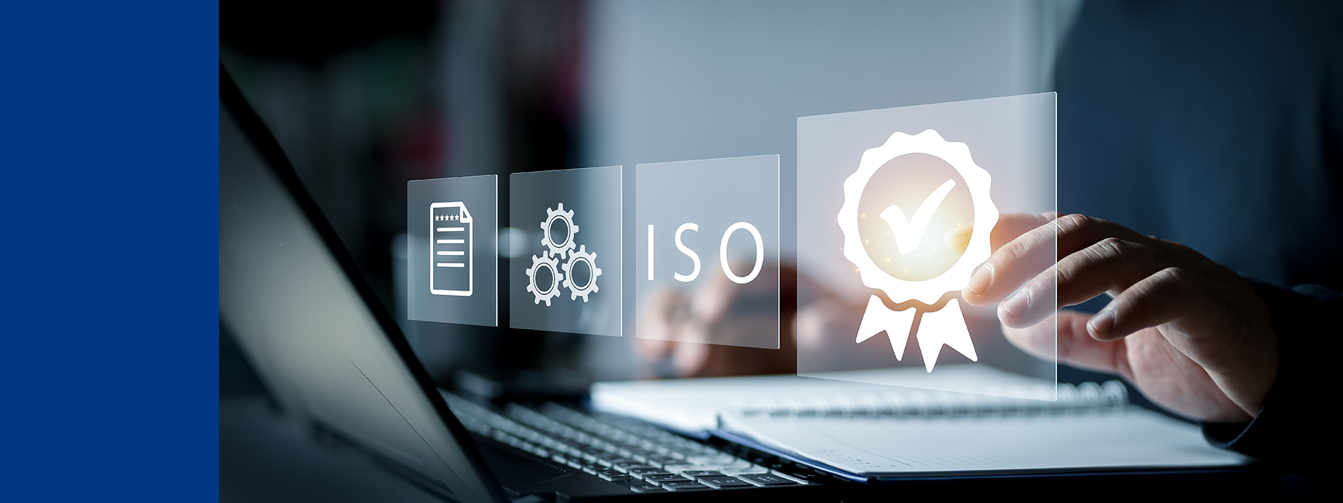 Person typing on a laptop with floating icons representing documentation, process control, ISO standards, and certification, illustrating MDS Consulting’s commitment to building compliant quality management systems 