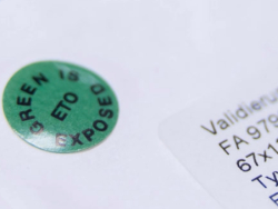 A validation label showing an eo sterilised packaging of Eurofins sterile packaging production sites.