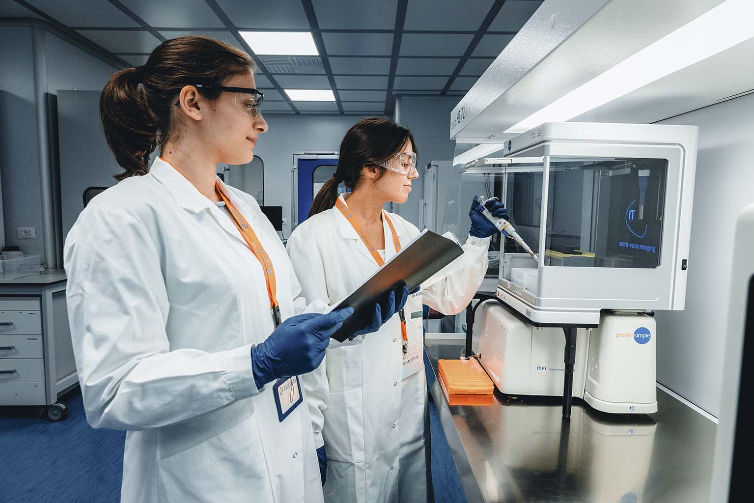 Two individuals in white lab coats and blue gloves working in a laboratory. One holds a clipboard while the other interacts with equipment inside a glass enclosure. The image is labelled 'Substance-based Products'.