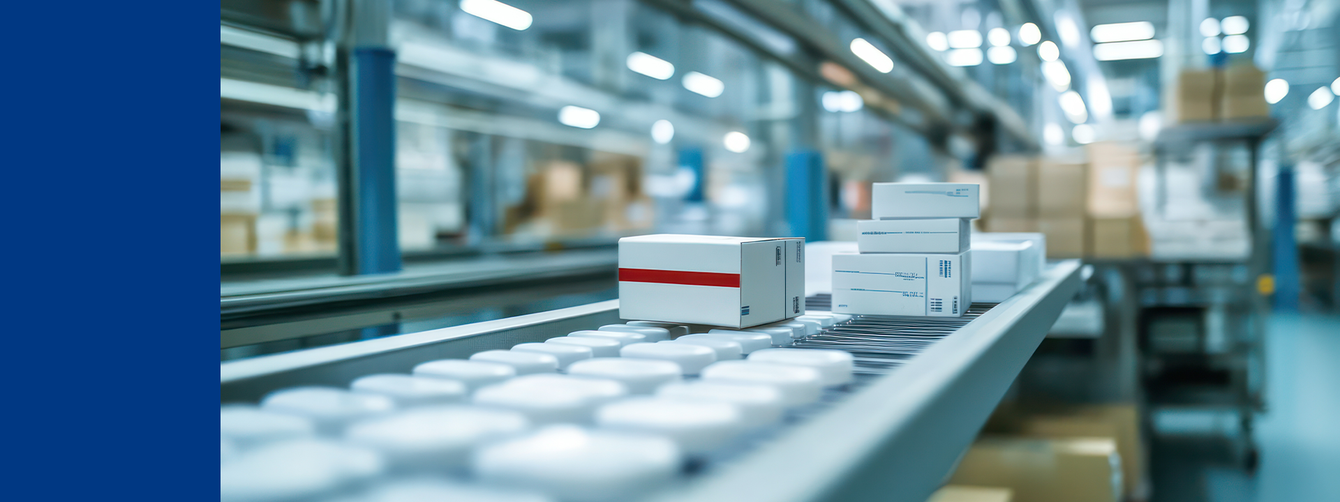 A conveyor belt with various packages and boxes being transported. The background includes shelves and additional packages, indicating Eurofins BioPharma Product Testing organized system for shipping and distribution. This setup is part of shipping distribution studies conducted to ensure the efficient and safe transport of products. 