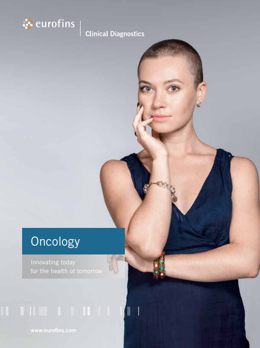 Oncology testing by Eurofins Clinical Diagnostics Brochure Cover image of a woman with shaved head and holding her face.