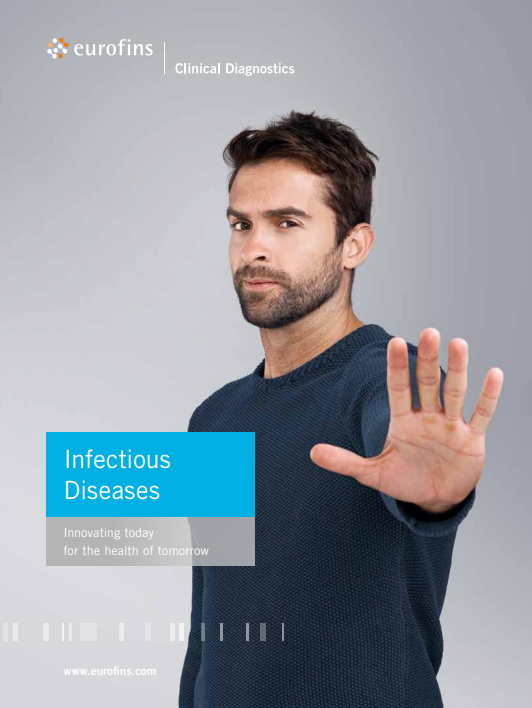 Infectious Disease testing by Eurofins Clinical Diagnostics Brochure Cover image of a man holding his hand up in a stop signal.