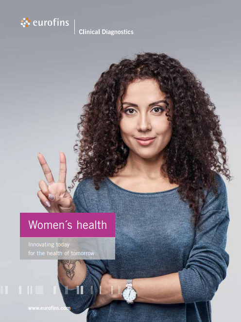 Women's Health by Eurofins Clinical Diagnostics Brochure cover image of a woman showing peace sign with her hand